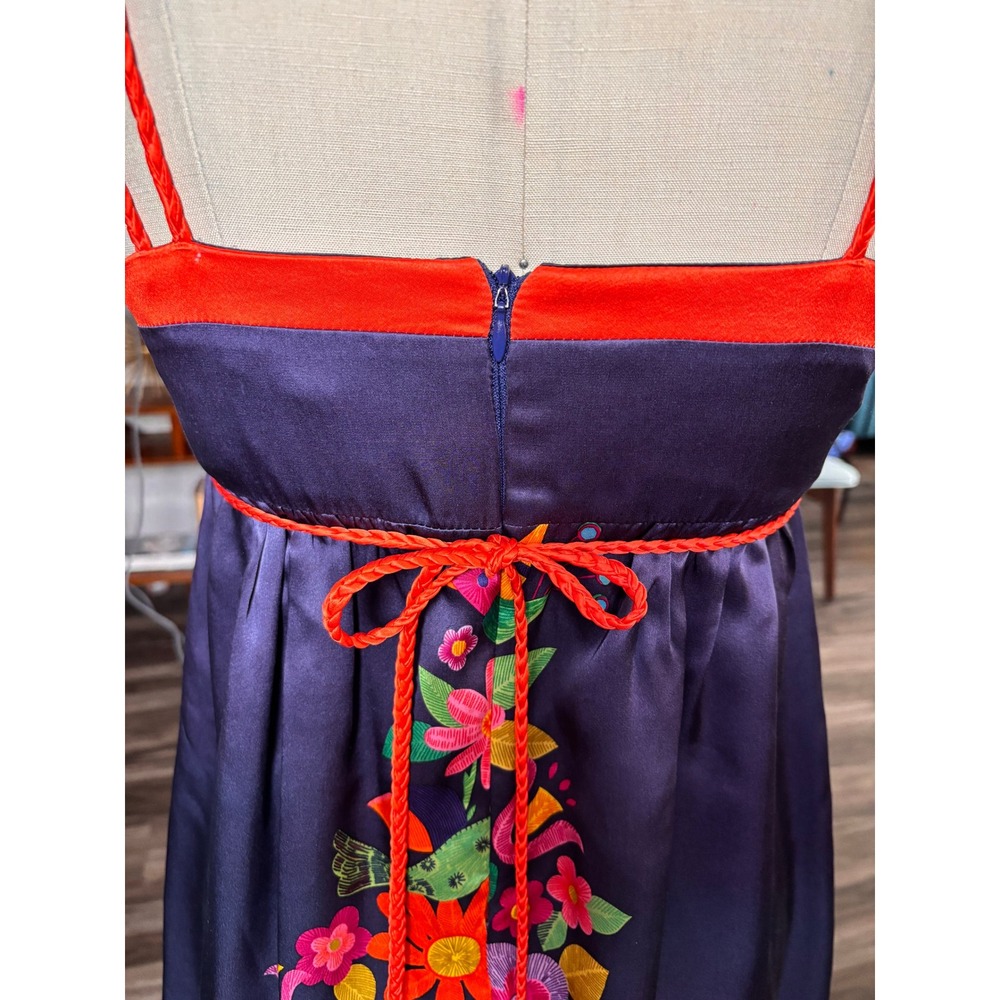 Boho Floral Voom Joy Han 100% Silk Empire Waist Mini Dress S Navy Blue Vintage - Picture 5 of 12
